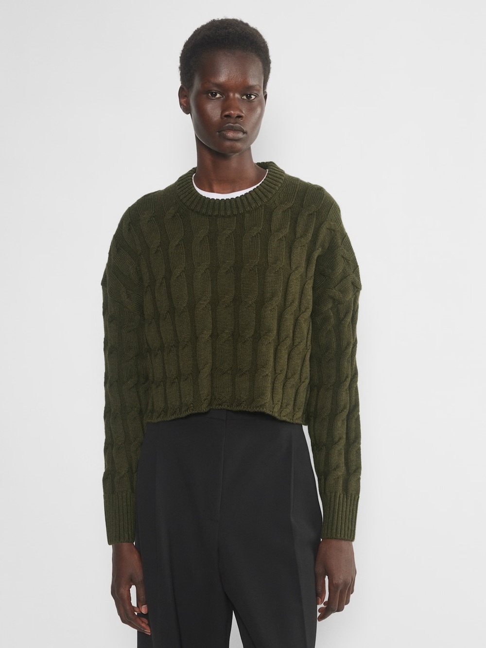 Babaton Olive Green Cable-Knit 100% Wool Glory Crewneck Sweater NWT